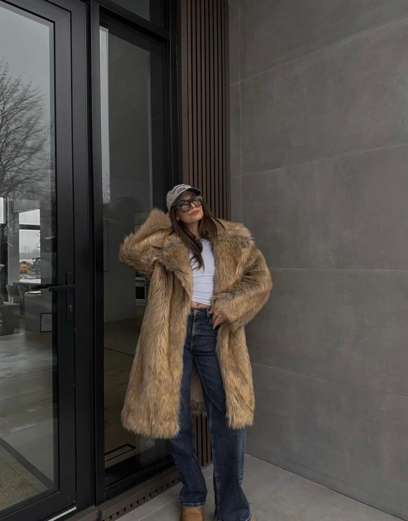 A brown fur coat with jeans.