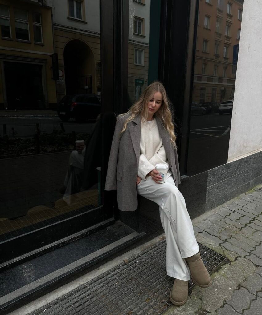 A gray blazer with a white outfit.