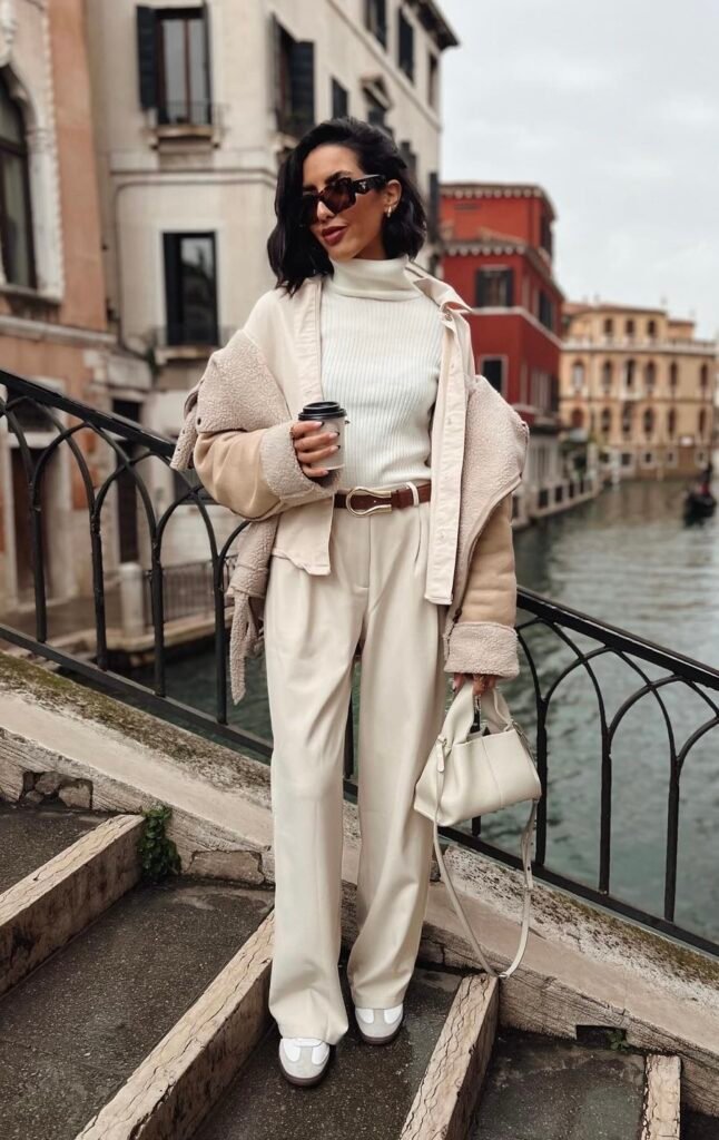 A cream faux leather and fur jacket with pants and sneakers.