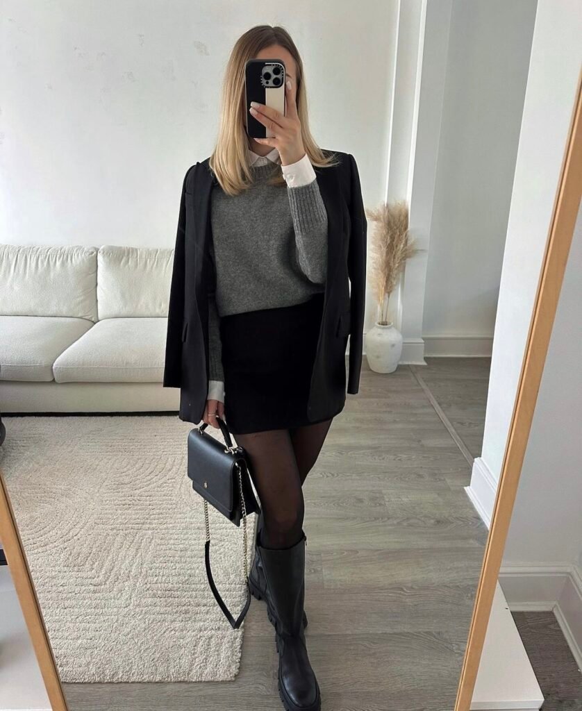 A black blazer, a black skirt and a gray sweater.