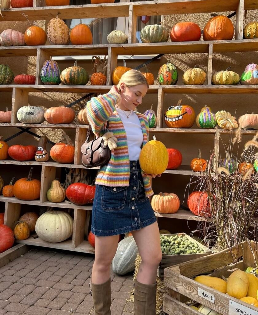 A woman wearing a multicolored striped cardigan with a denim skirt.