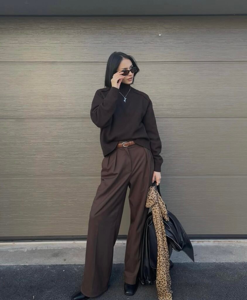 A woman wearing a brown outfit.