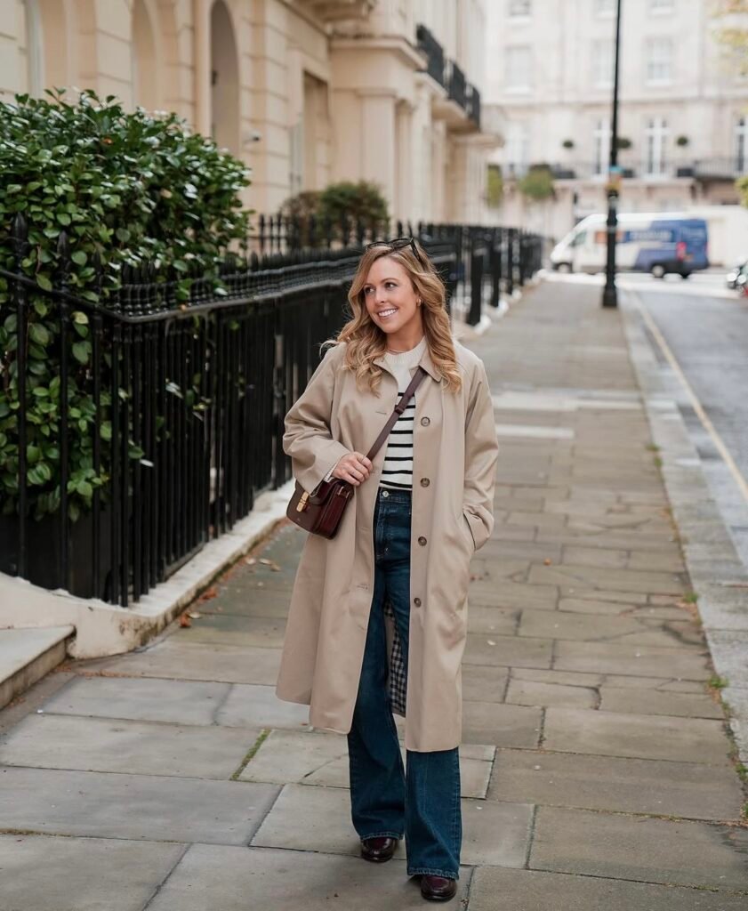 A woman wearing a trench coat with jeans.