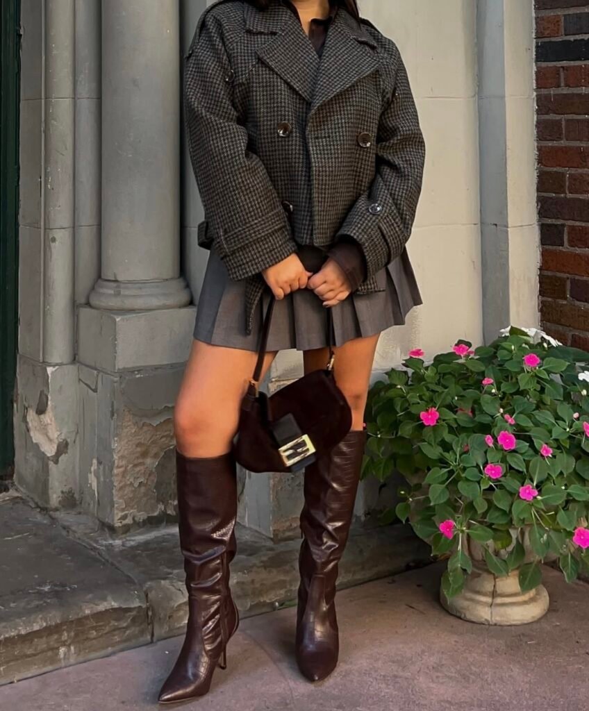 A woman wearing a gray outfit.