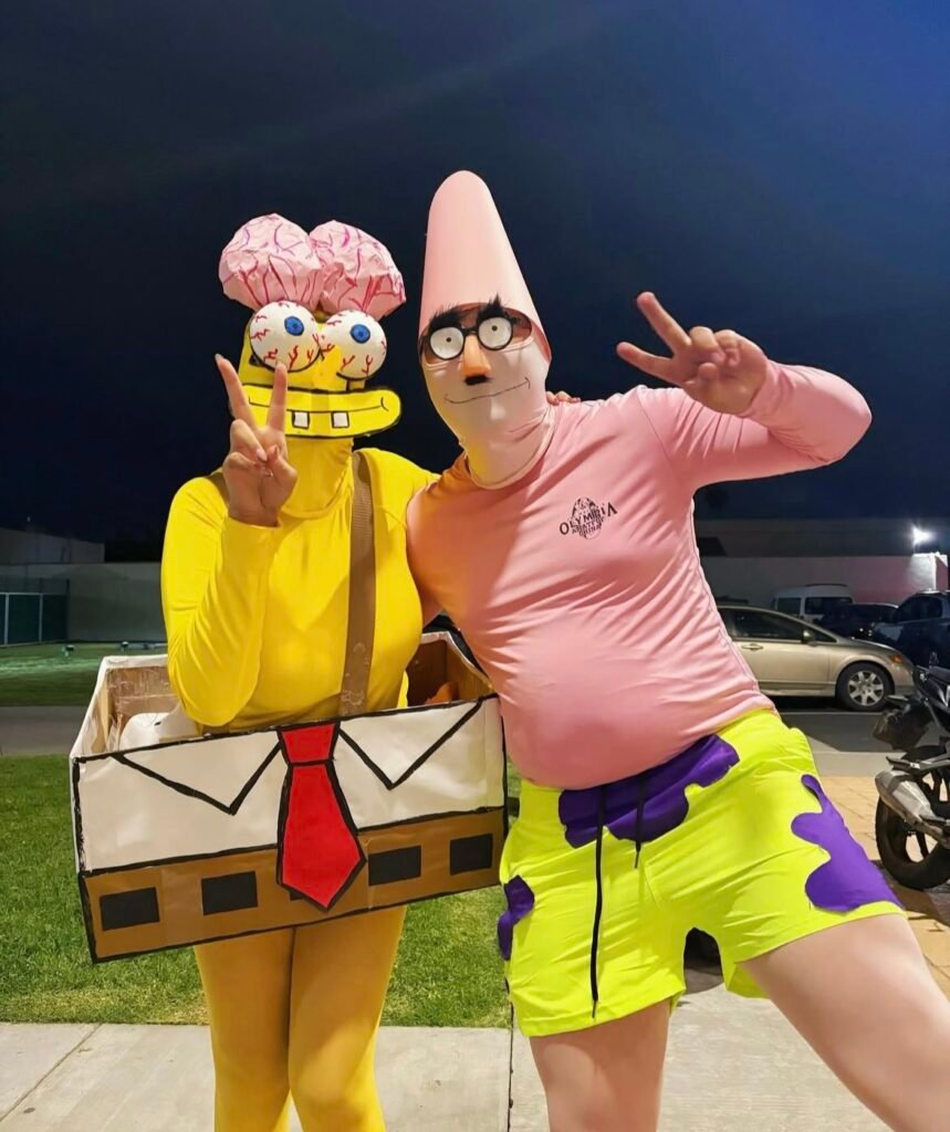 Best friends wearing SpongeBob and Patrick Halloween costumes.
