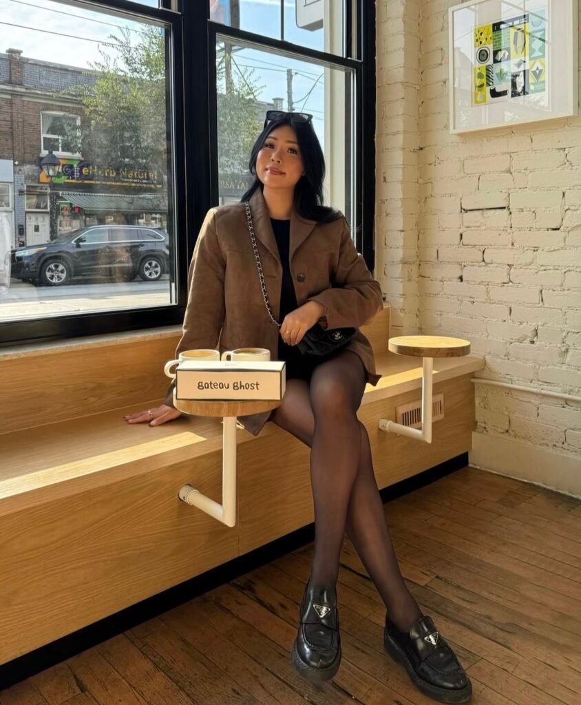 A woman wearing a brown jacket and black outfit.