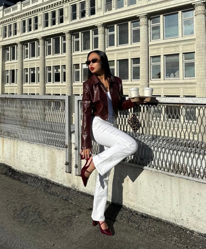 A faux leather jacket outfit.