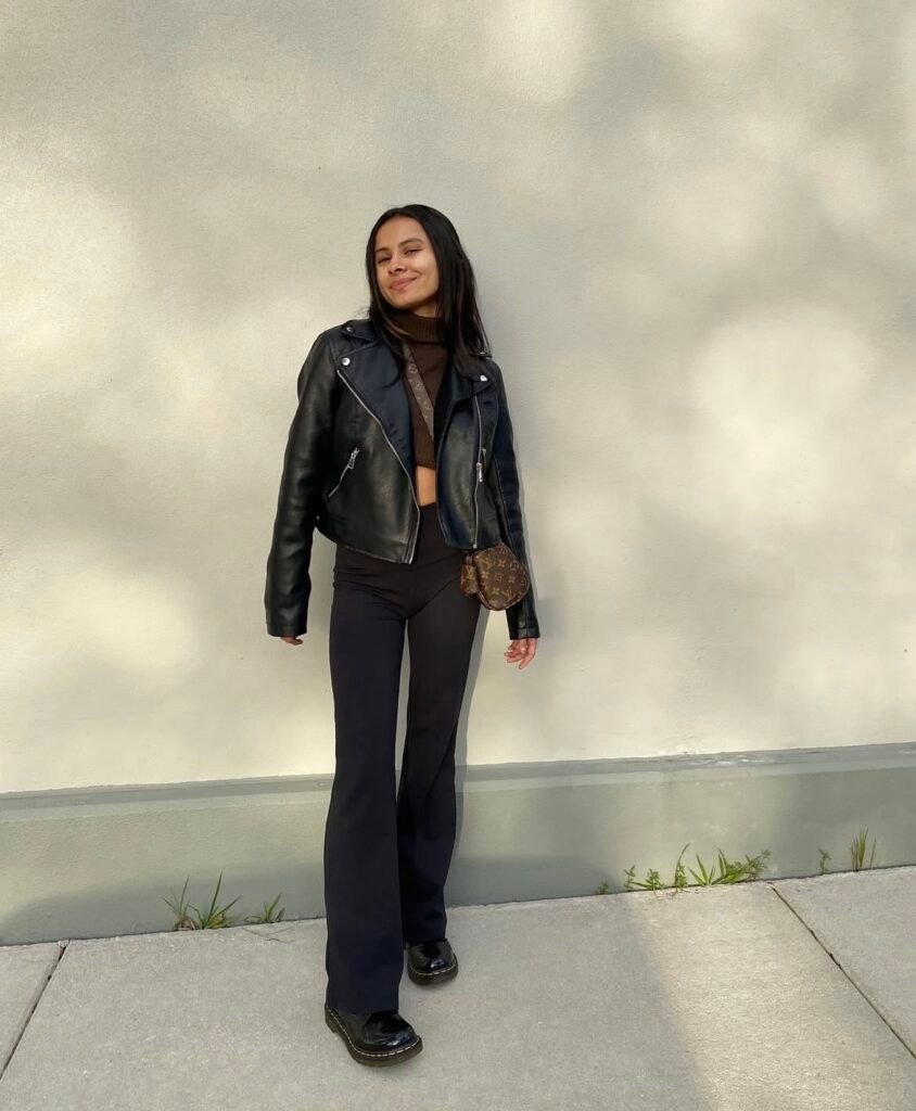 A faux leather jacket outfit.