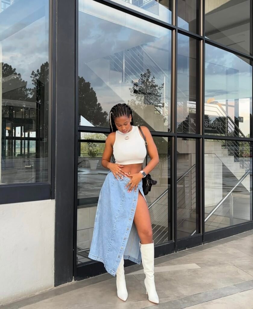 A white boots outfit.