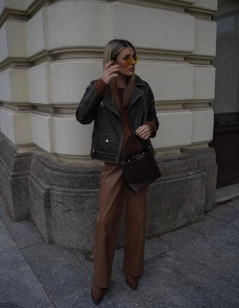 A faux leather jacket outfit.