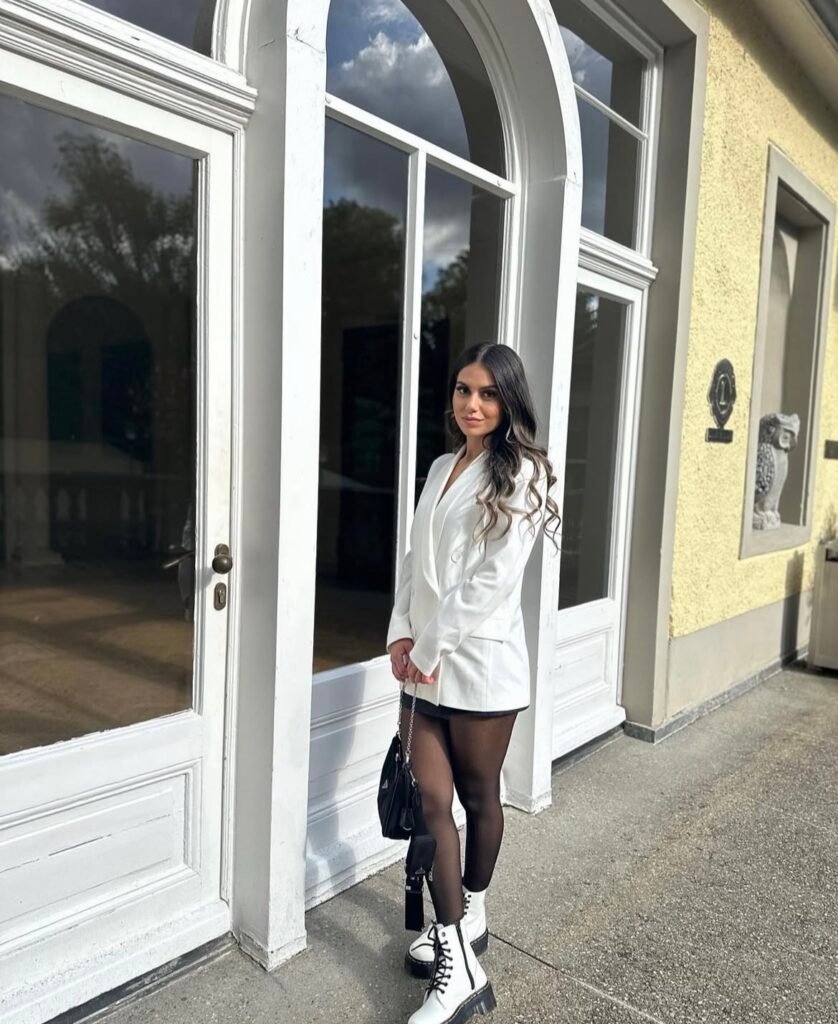 A white boots outfit.