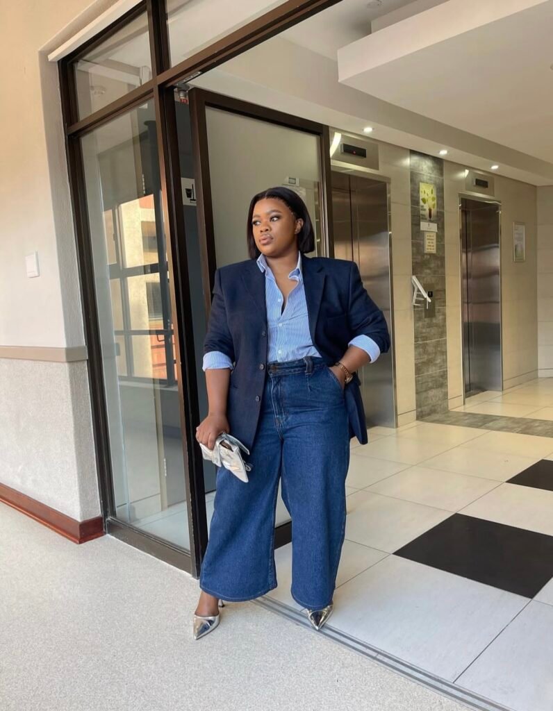 A blazer and jeans outfit.