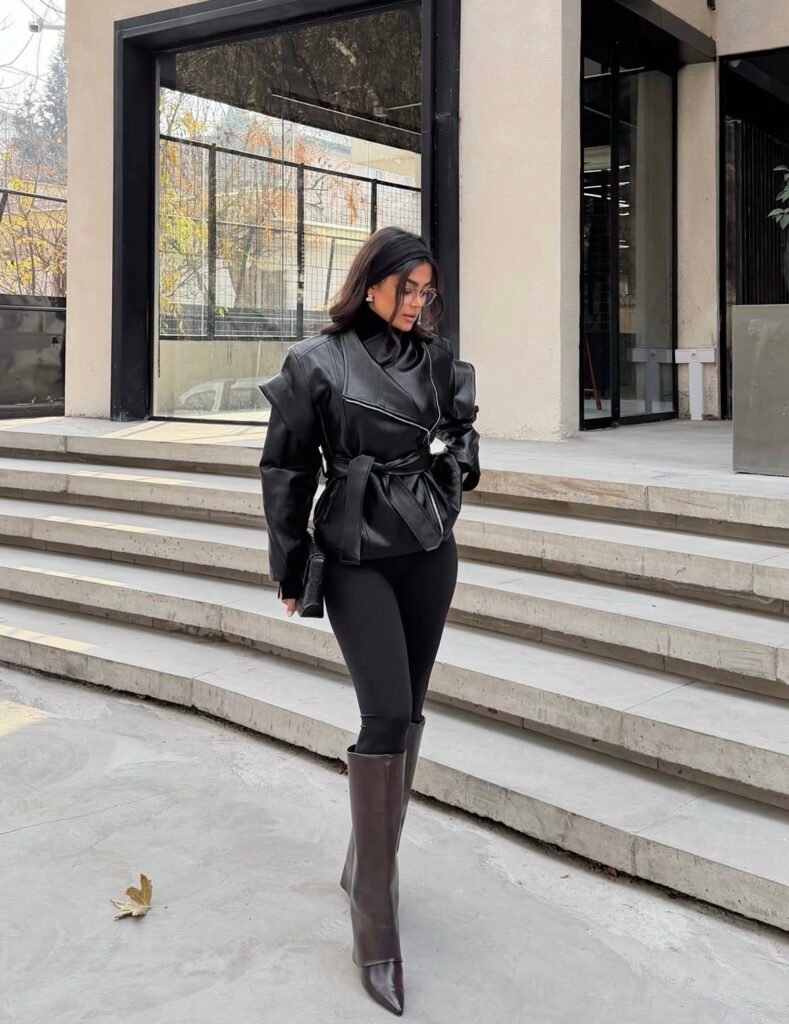 A faux leather jacket outfit.