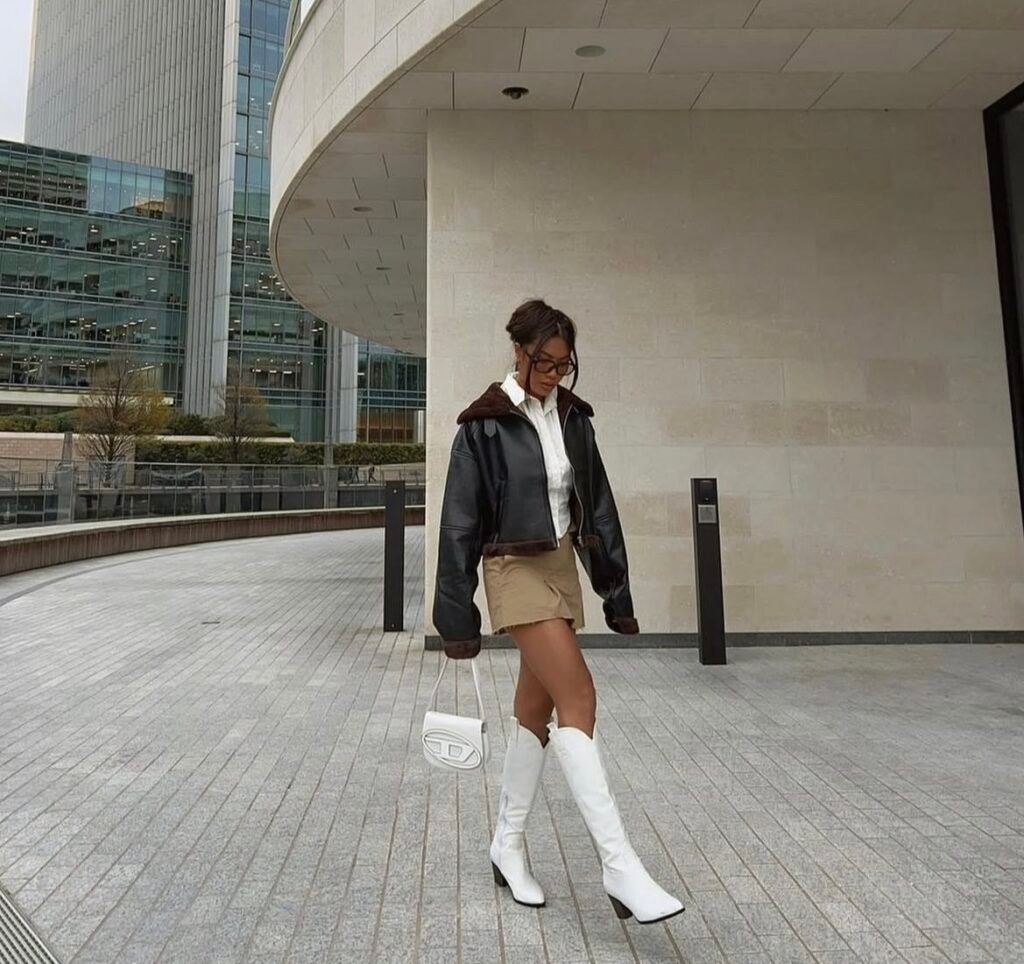 A white boots outfit.