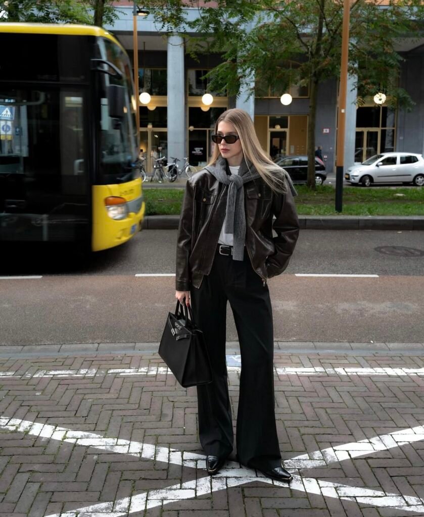 A faux leather jacket outfit.