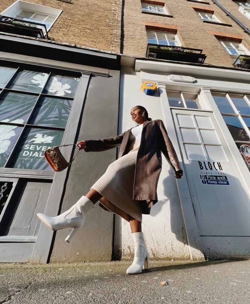 A white boots outfit.