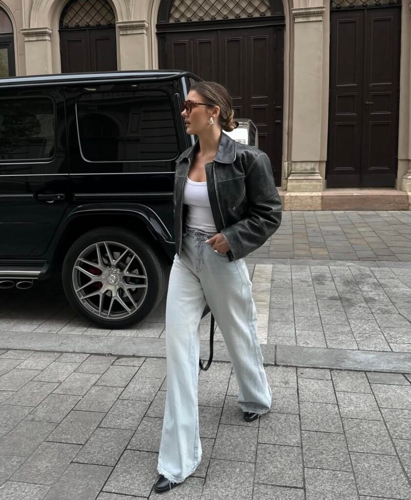 A faux leather jacket outfit.