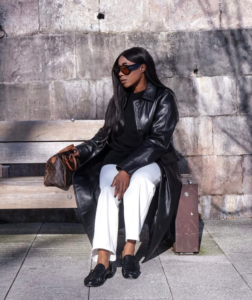 A faux leather jacket outfit.