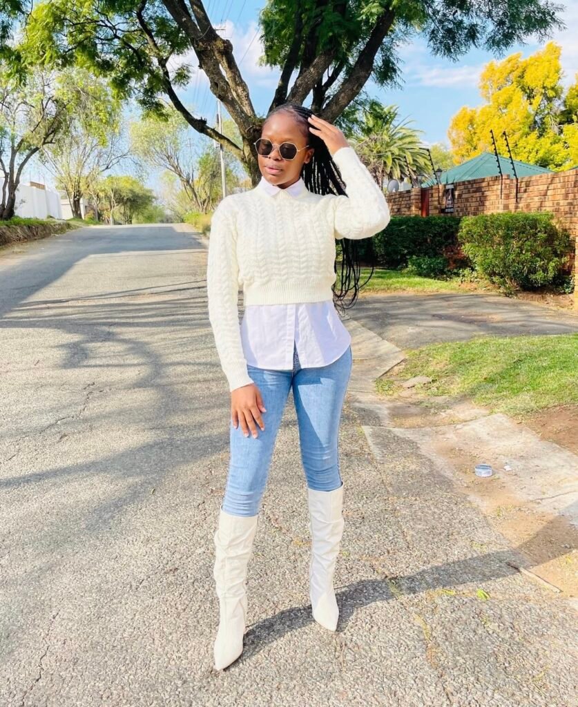 A white boots outfit.