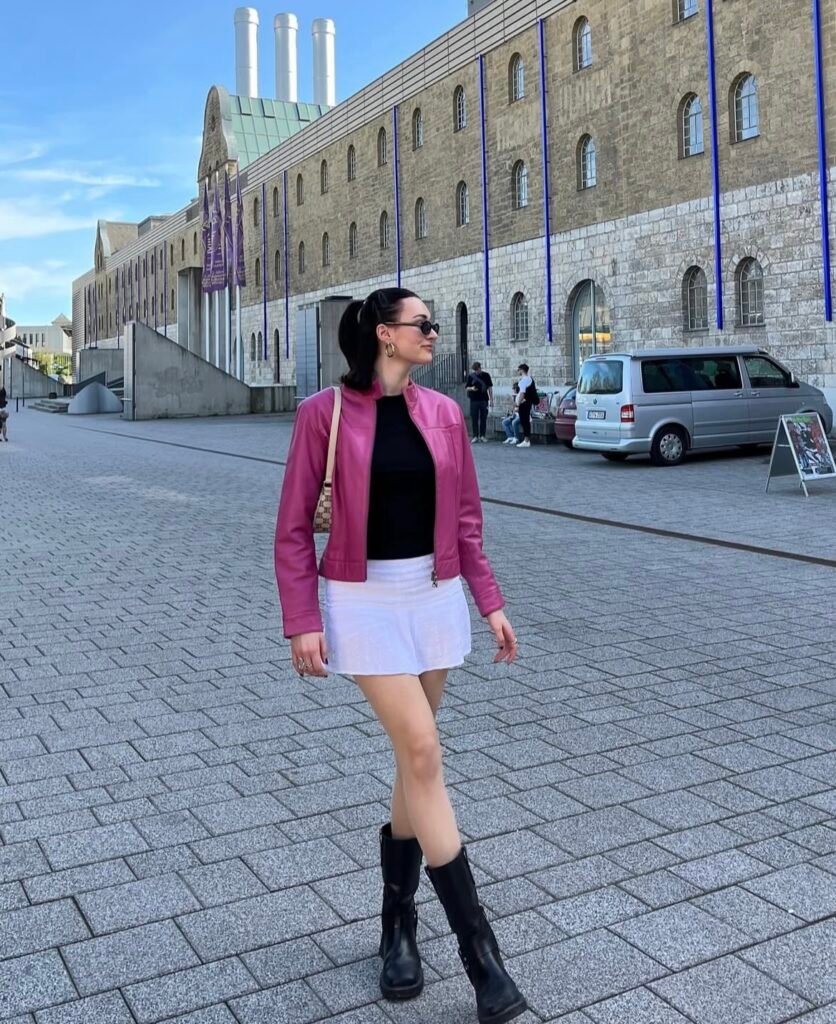 A faux leather jacket outfit.