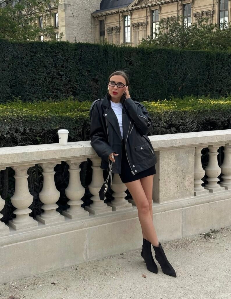 A faux leather jacket outfit.