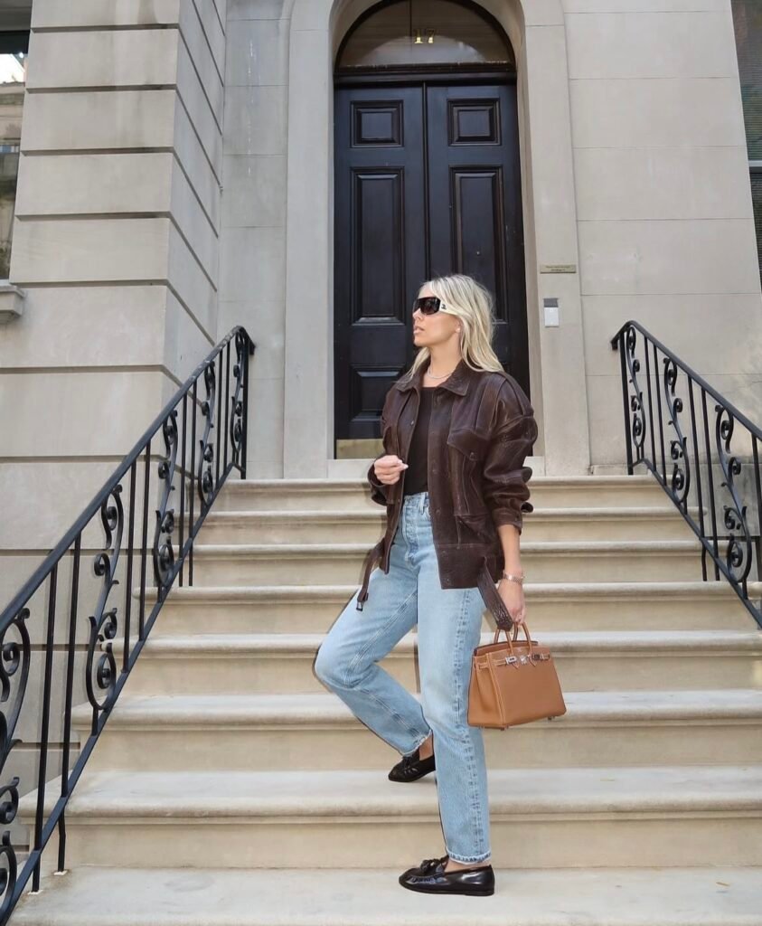 A faux leather jacket outfit.