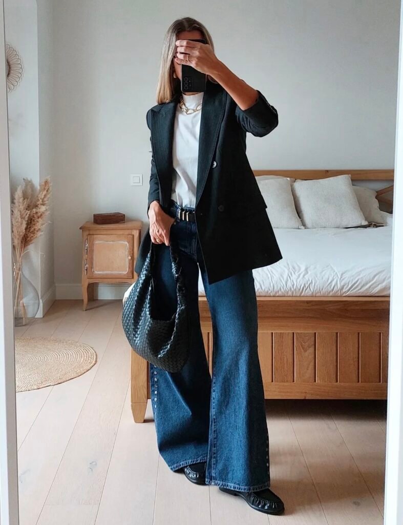 A blazer and jeans outfit.
