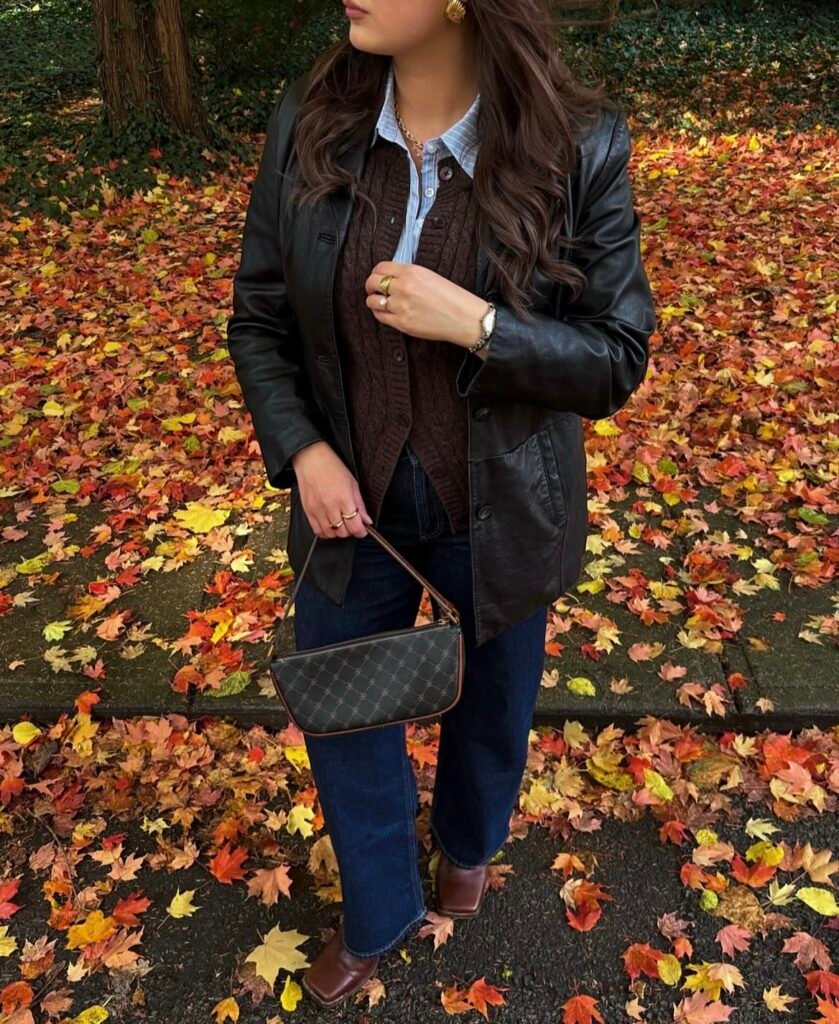 A faux leather jacket outfit.