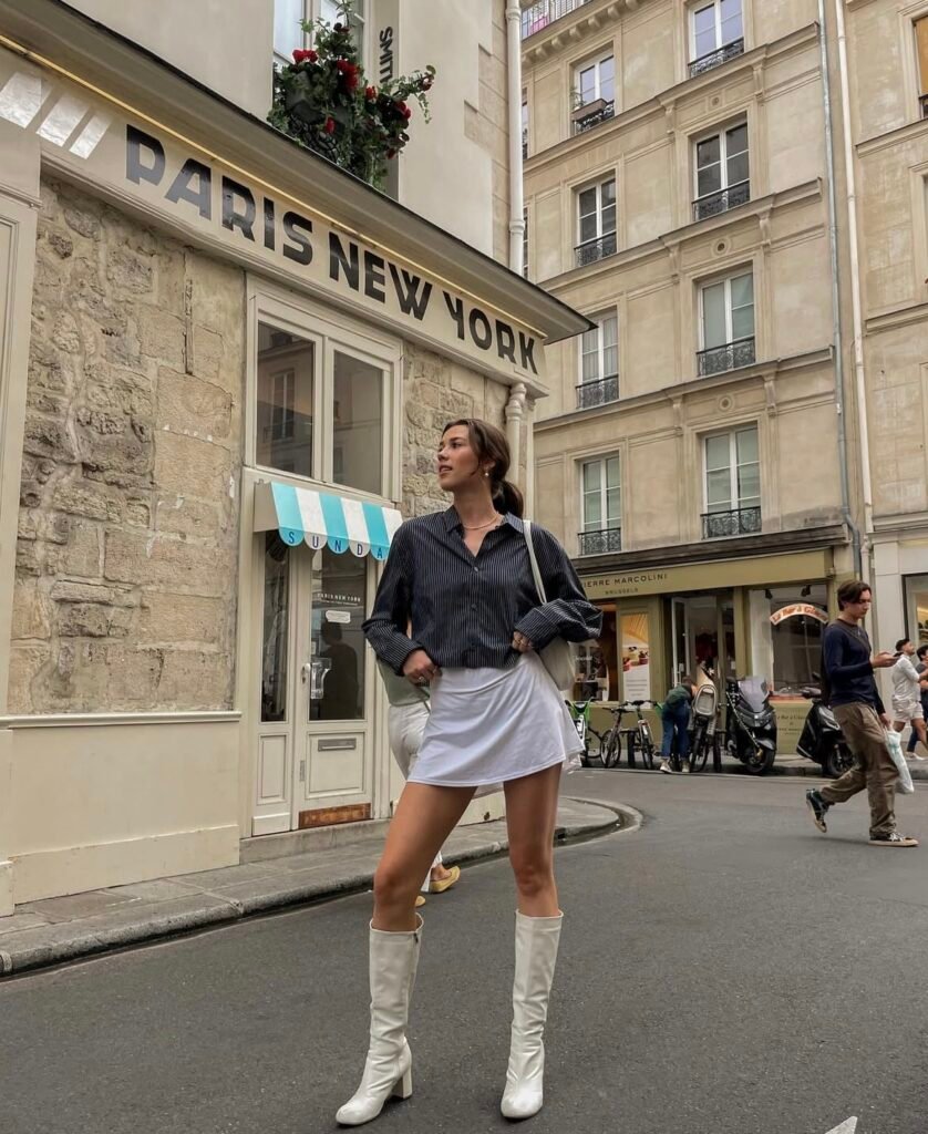 A white boots outfit.