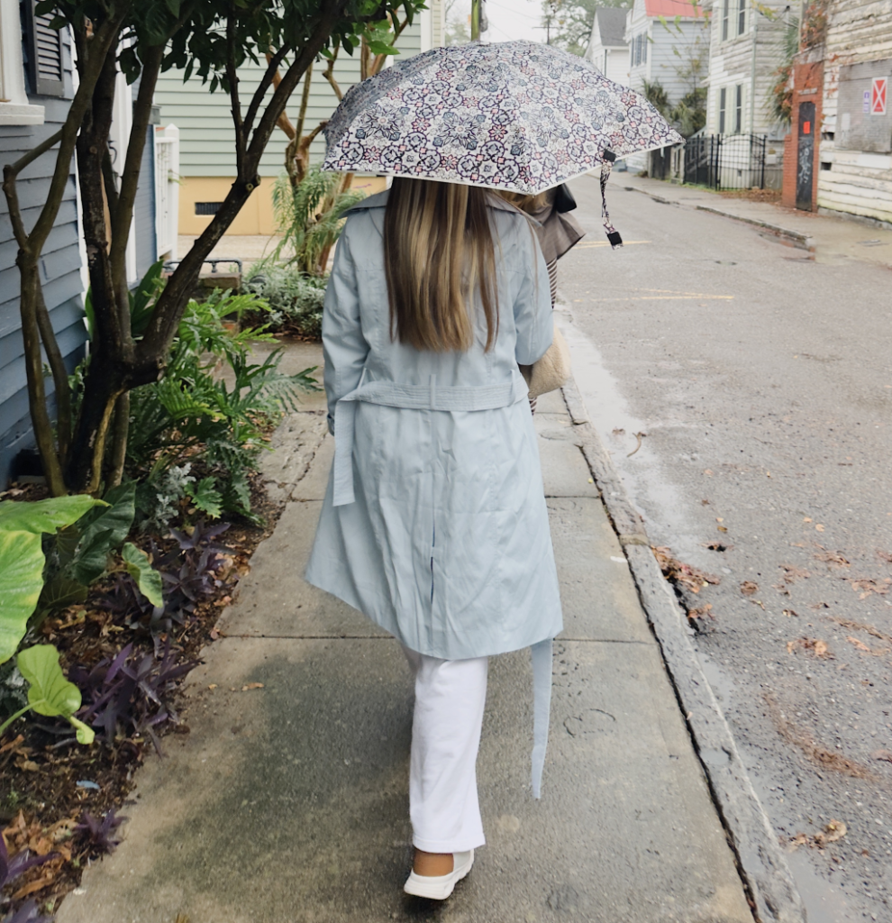 A casual rainy day outfit.