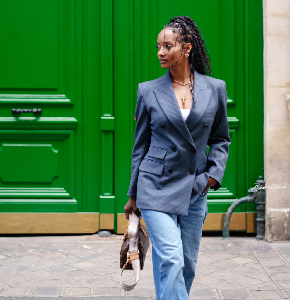 A denim work outfit.