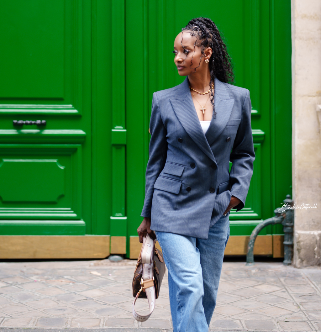 A denim work outfit.