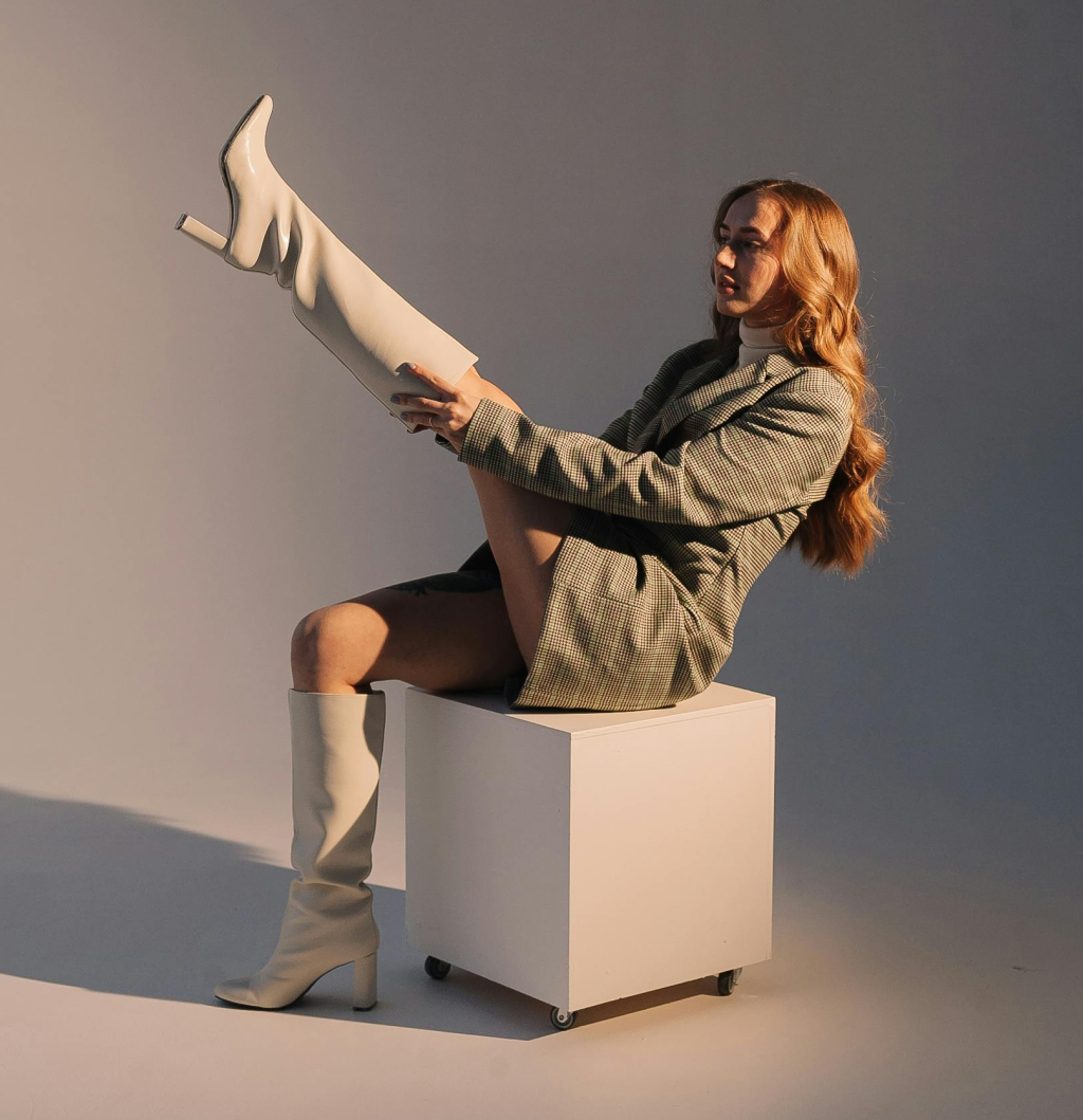 A white boots outfit.
