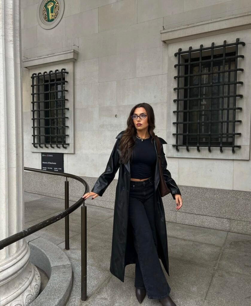 A black trench coat outfit.
