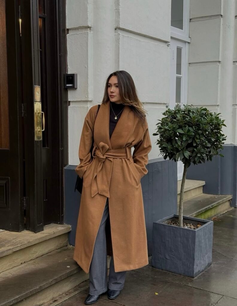 A camel coat outfit.