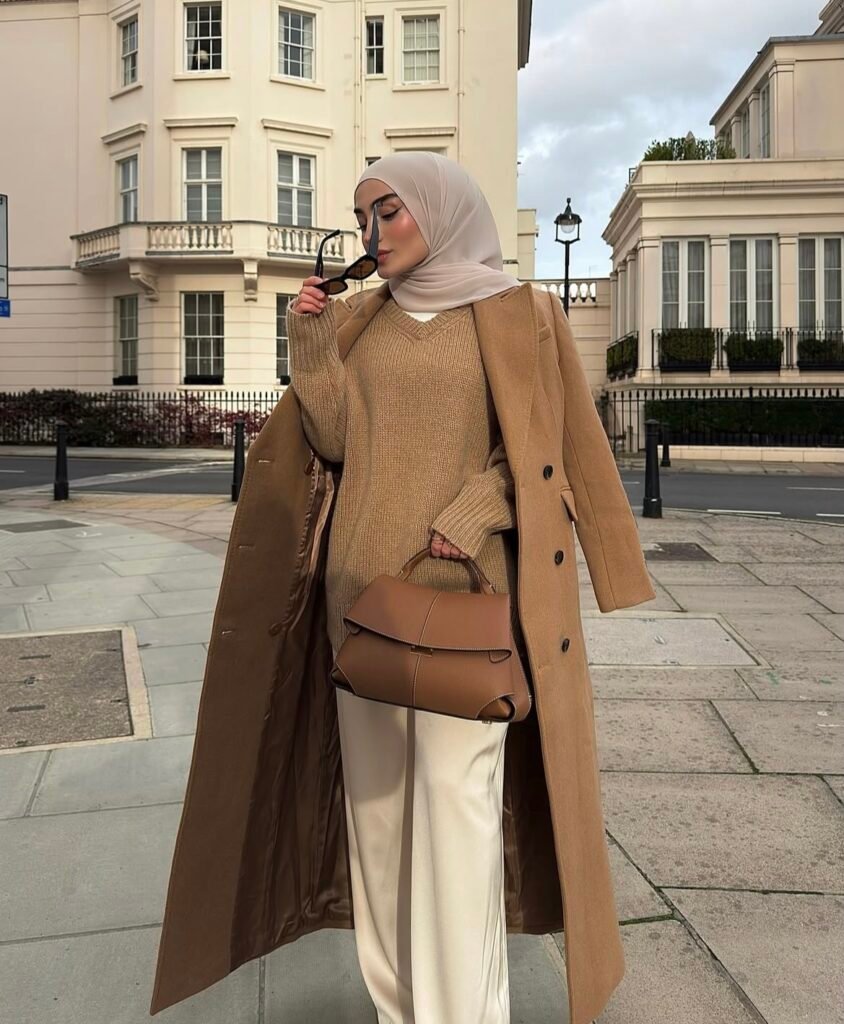 A camel coat outfit.