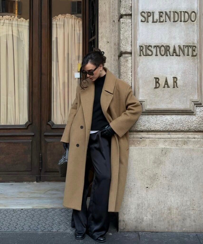 A camel coat outfit.