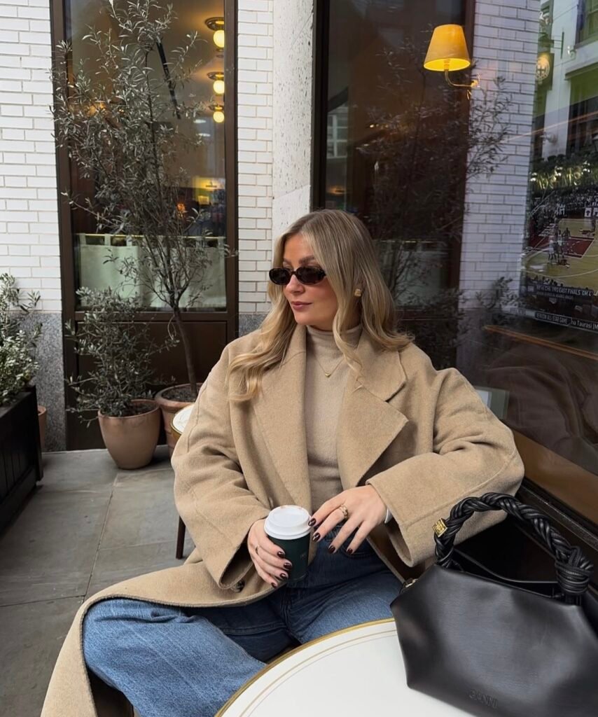 A camel coat outfit.