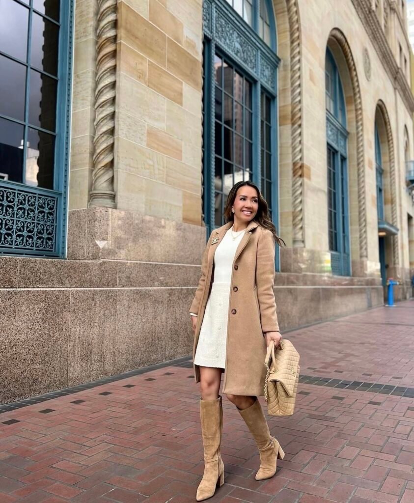 A camel coat outfit.