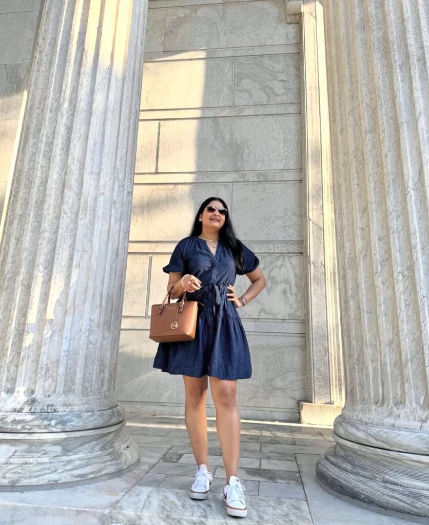 A denim dress outfit.