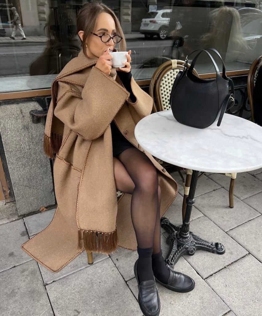 A camel coat outfit.