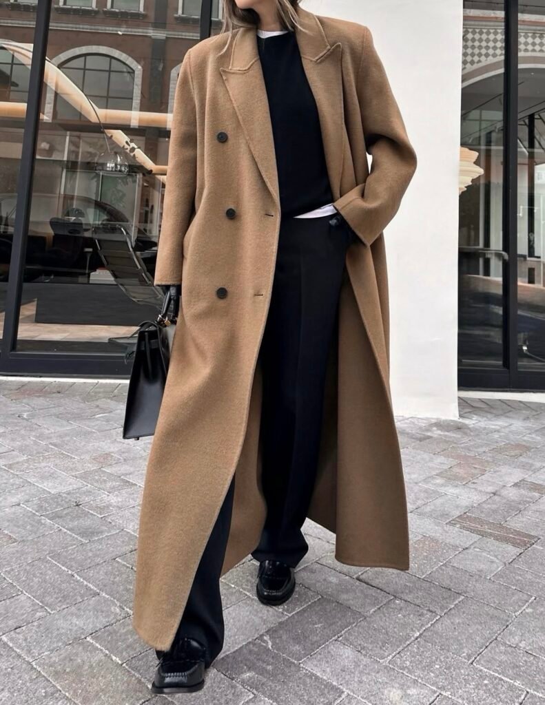 A camel coat outfit.