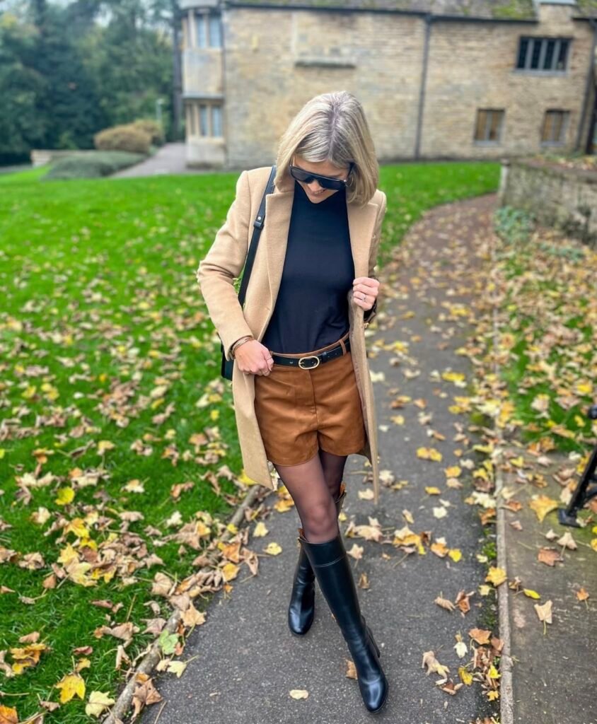 A camel coat outfit.