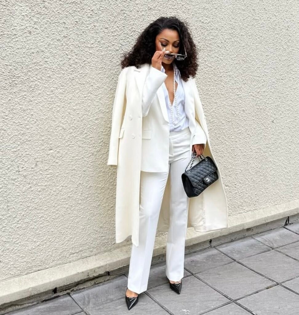 A white blazer outfit.