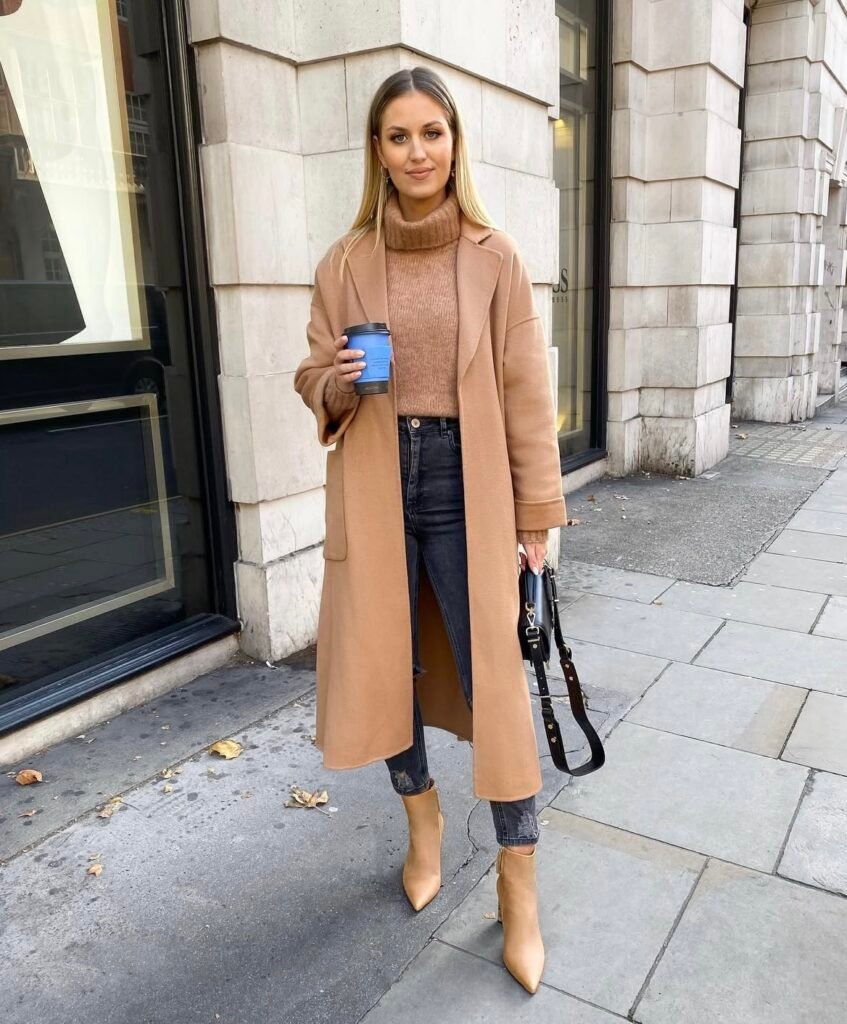 A camel coat outfit.