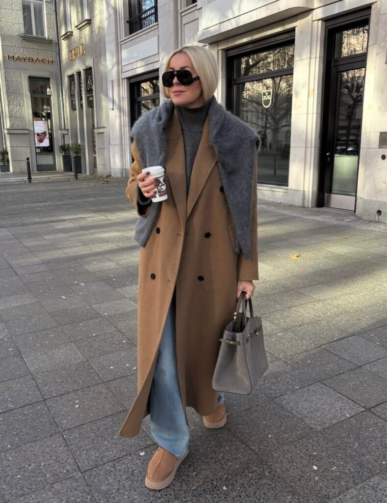 A camel coat outfit.