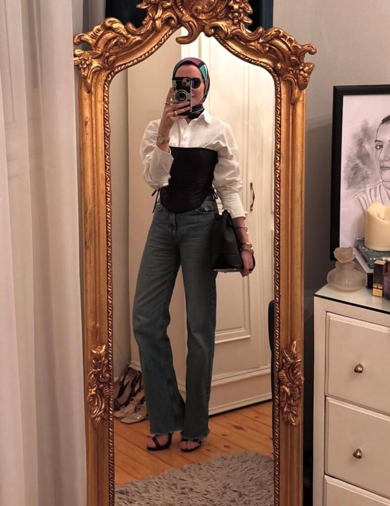 A black corset outfit.