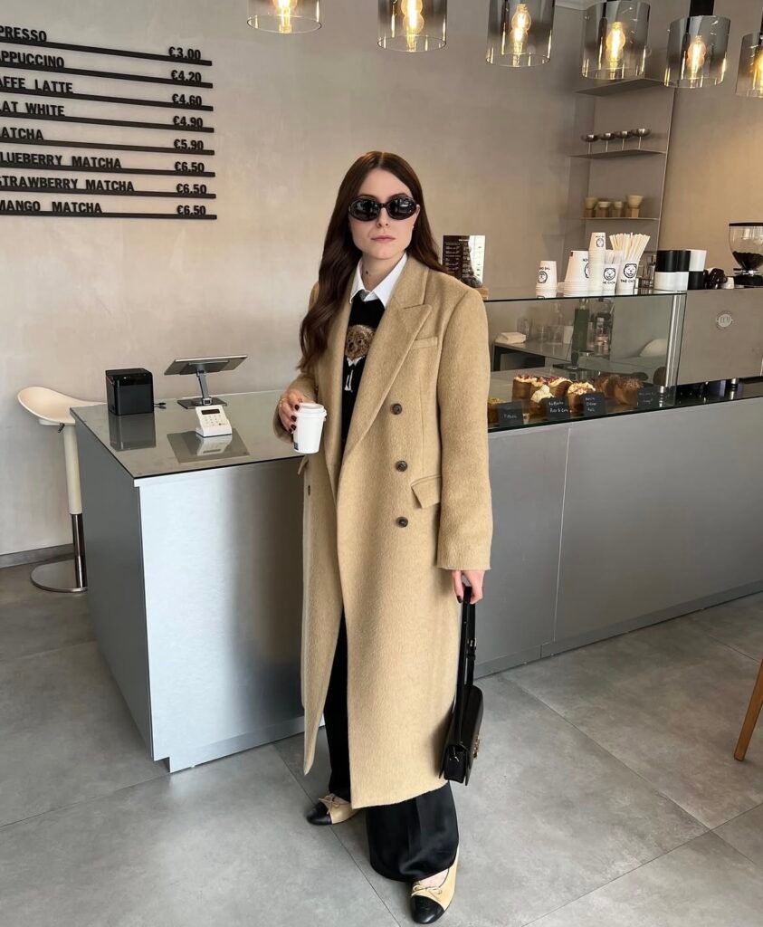 A camel coat outfit.