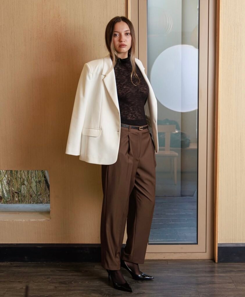 A white blazer outfit.