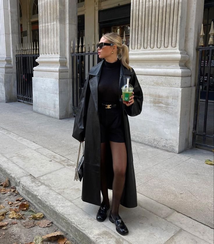 A black trench coat outfit.